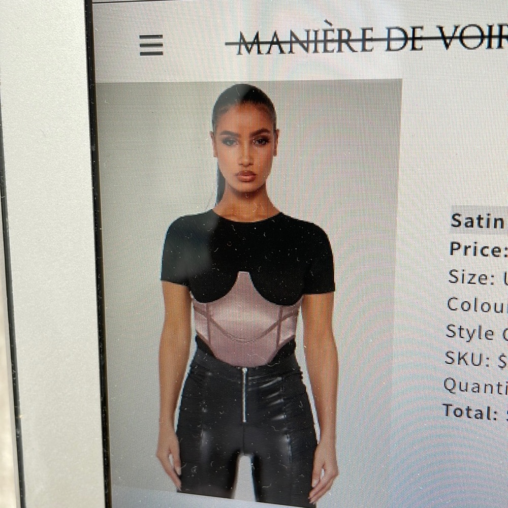 Maniere De Voir Satin Cup-Detail Short Sleeve Top in Black and Mauve